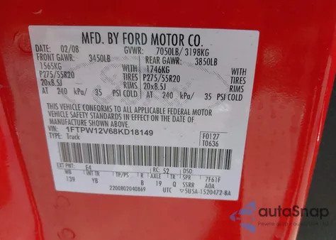 2008 Ford F-150 60Th Anniversary/Fx2/King Ranch/Lariat/Xlt z USA, uszkodzony, nr VIN 1FTPW12V68KD18149